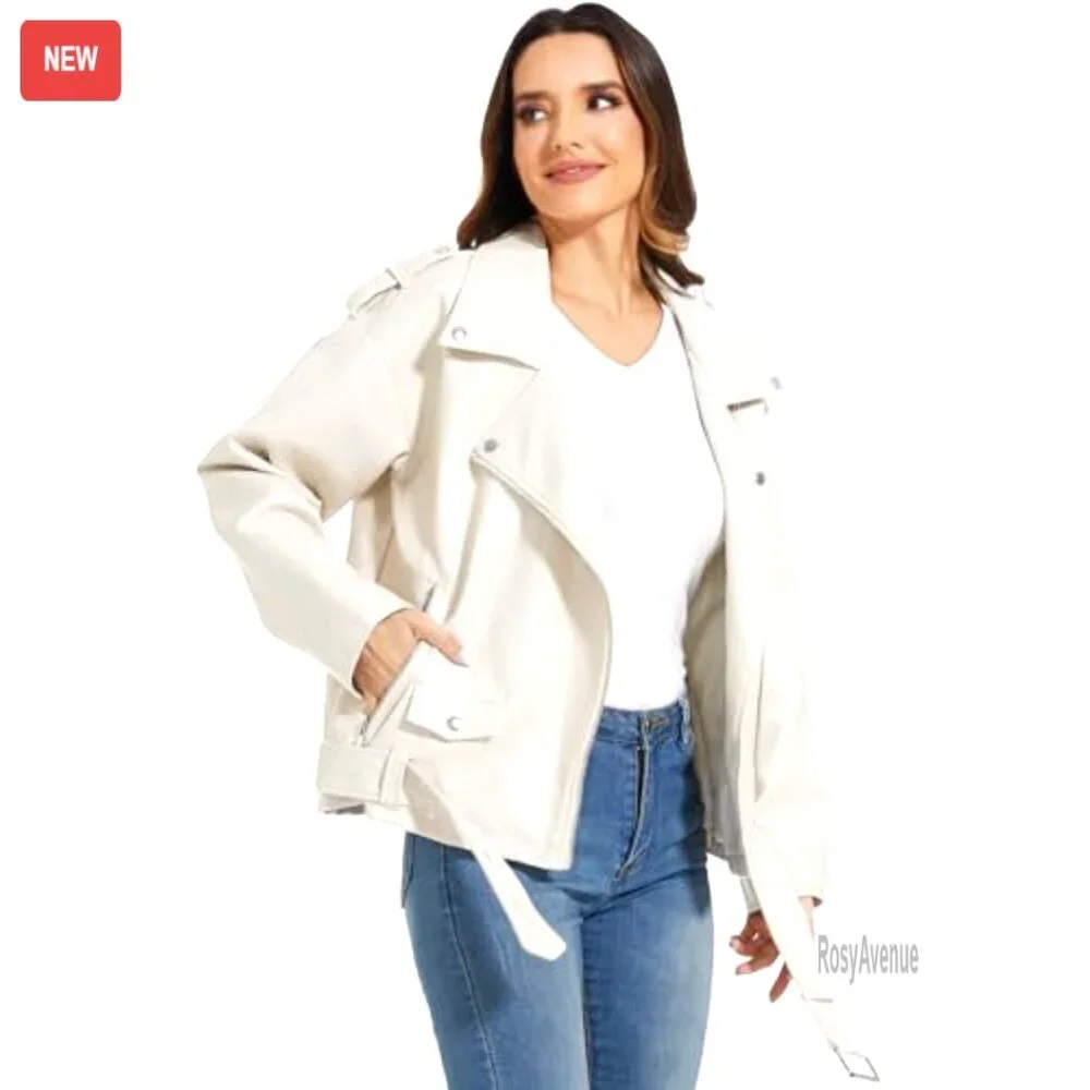 Faux Leather Motorcycle Jacket, Stretch PU Moto Coat, Utility Pockets, All - Picture 3 of 6